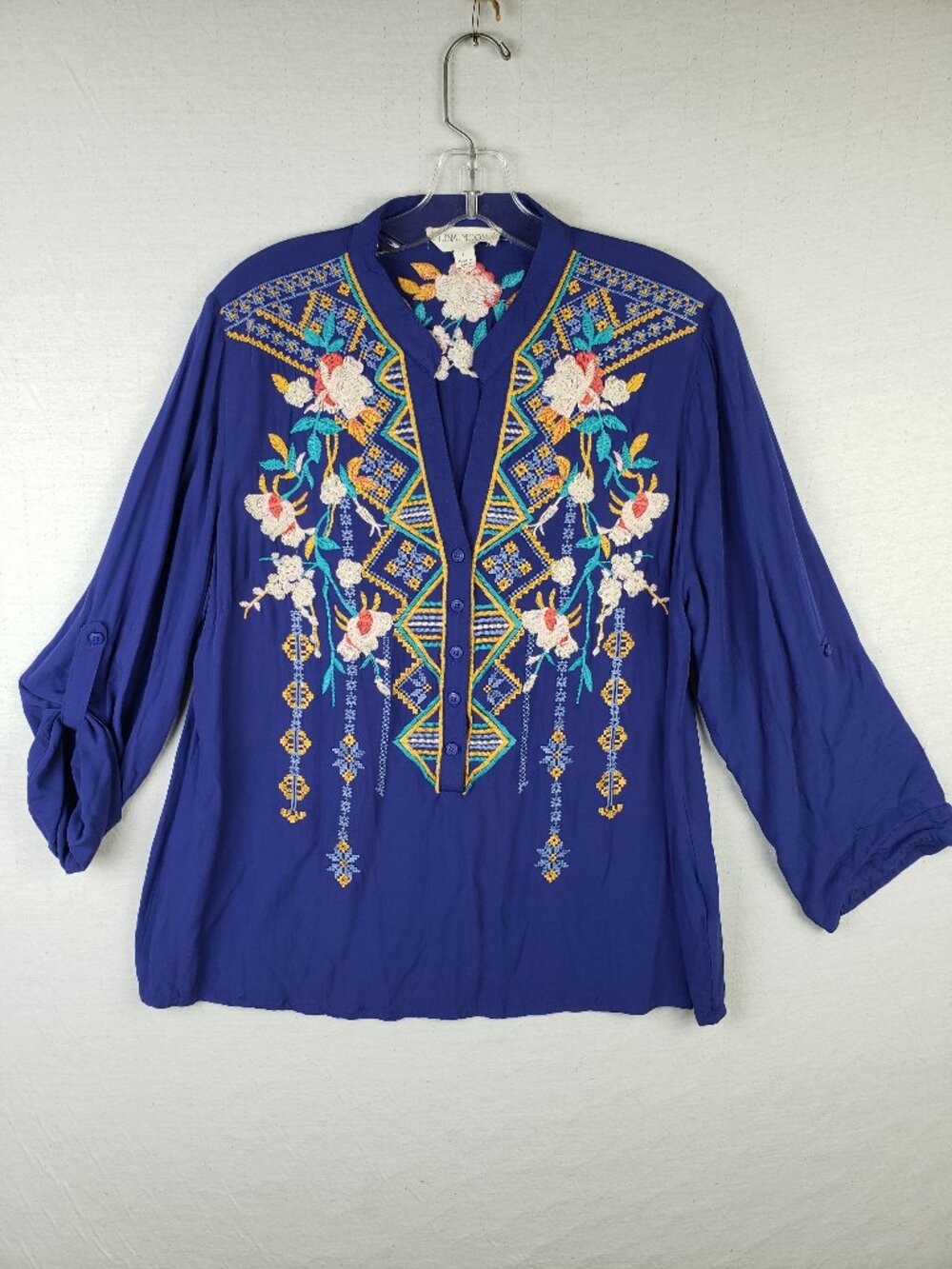 Luna Moon Blouse Top Embroidered Tunic Bohemian Roll Tab Sleeves Blue size L
